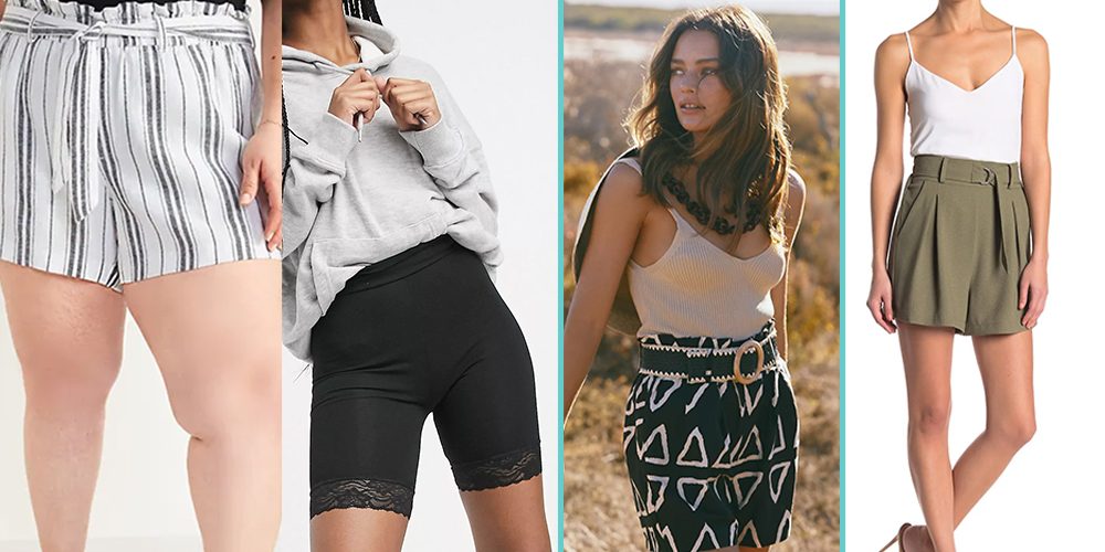 A collage of four pairs of shorts on four models, from L to R: A pair of drapey striped tie-belt shorts, a pair of black lycra biker shorts with a lace hem,a flowy pair of black shorts with a white geometric pattern, and draped khaki shorts with a belted waistline