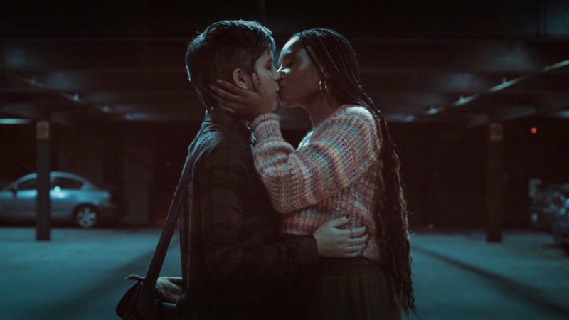 Mythic Quest queer gamers Rachel and Dana kiss in a parking garage.