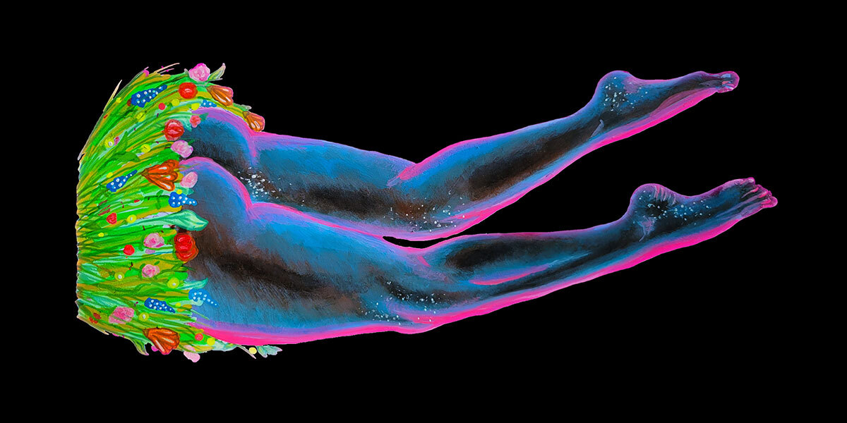 The bottom half of a body floats against a black background. The body wears a skirt made of plants. Butt cheeks are visible
