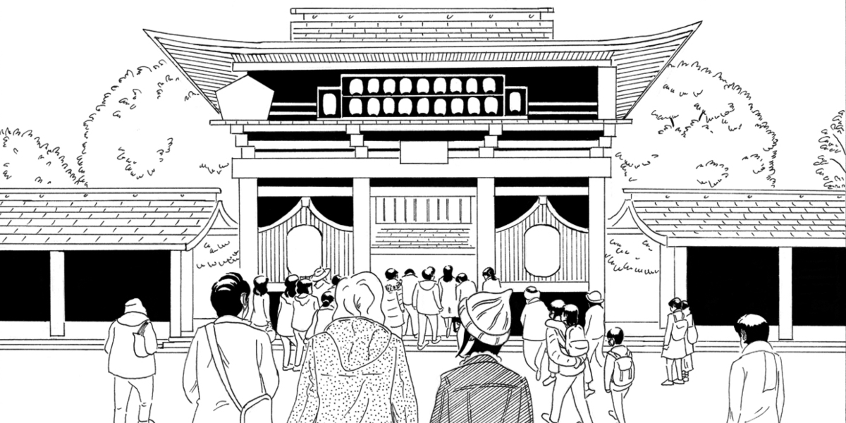 A black and white line drawing of a crowd of tourists visiting in Japan.