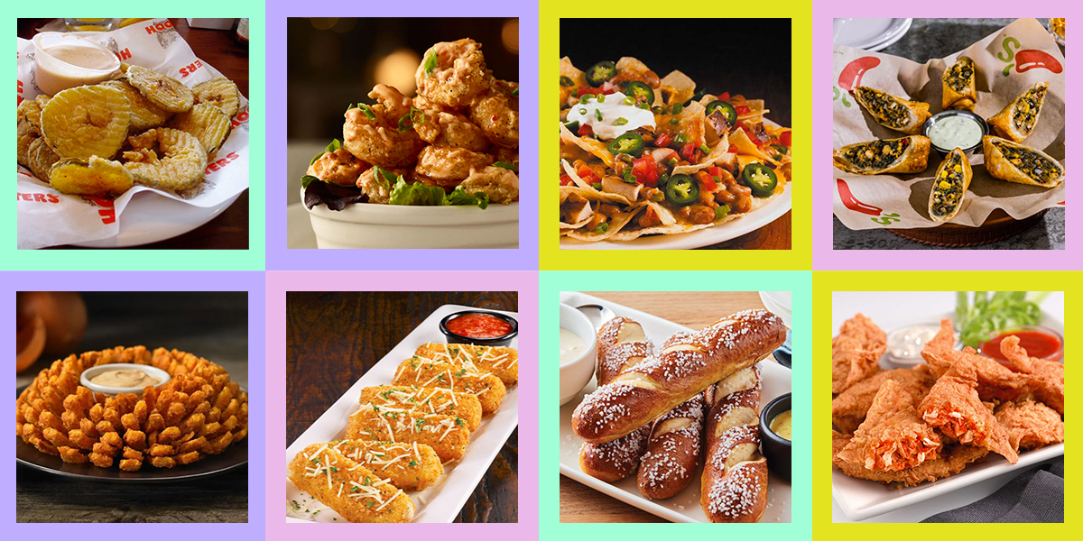 A collage of 8 images of deep fried appetizers from your favorite chain restaurants