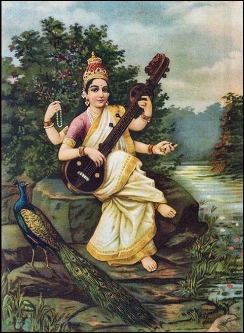 This is a painting of by Raja Ravi Varma of the Hindu goddess Saraswati. She is shown seated on a rock by water, playing a sitar and holding a rosary in one of her many hands. By her feet is a peacock. Saraswati is depicted as very light skinned, almost white. 