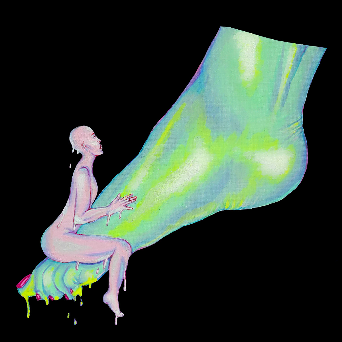 A lavender person with a bald head looks up with desire as they straddles a lime green flexed foot. Both are dripping.