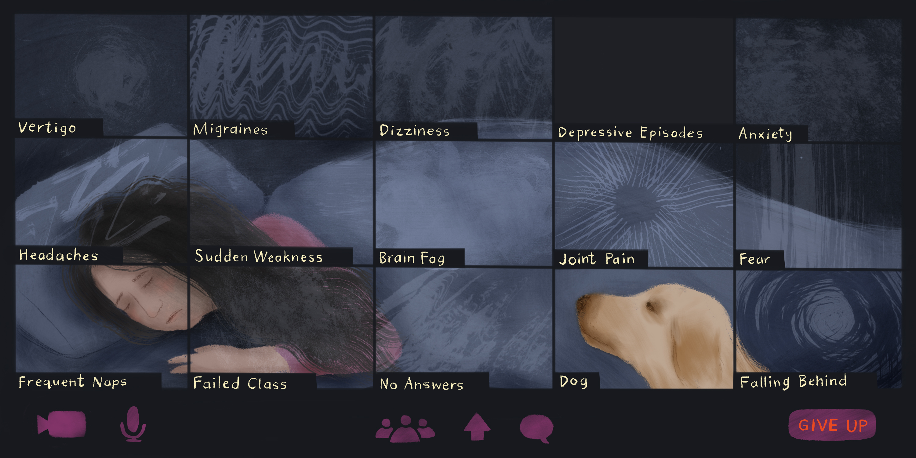 Beneath a grid made to look like a Zoom screen, a dark-haired person sleeps in bed. A dog sits on the floor and looks up at the person. The Zoom screen windows read,