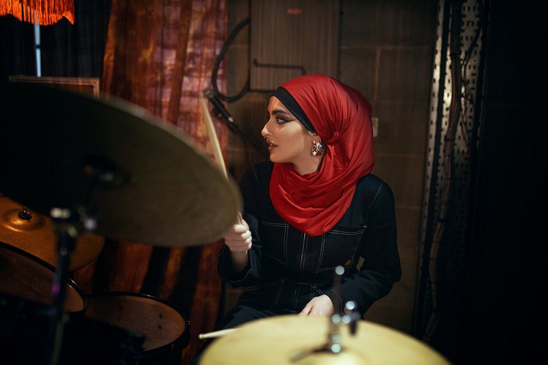 Juliette Motamed as Ayesha, the Lady Parts' drummer, on the new show "We Are Lady Parts."