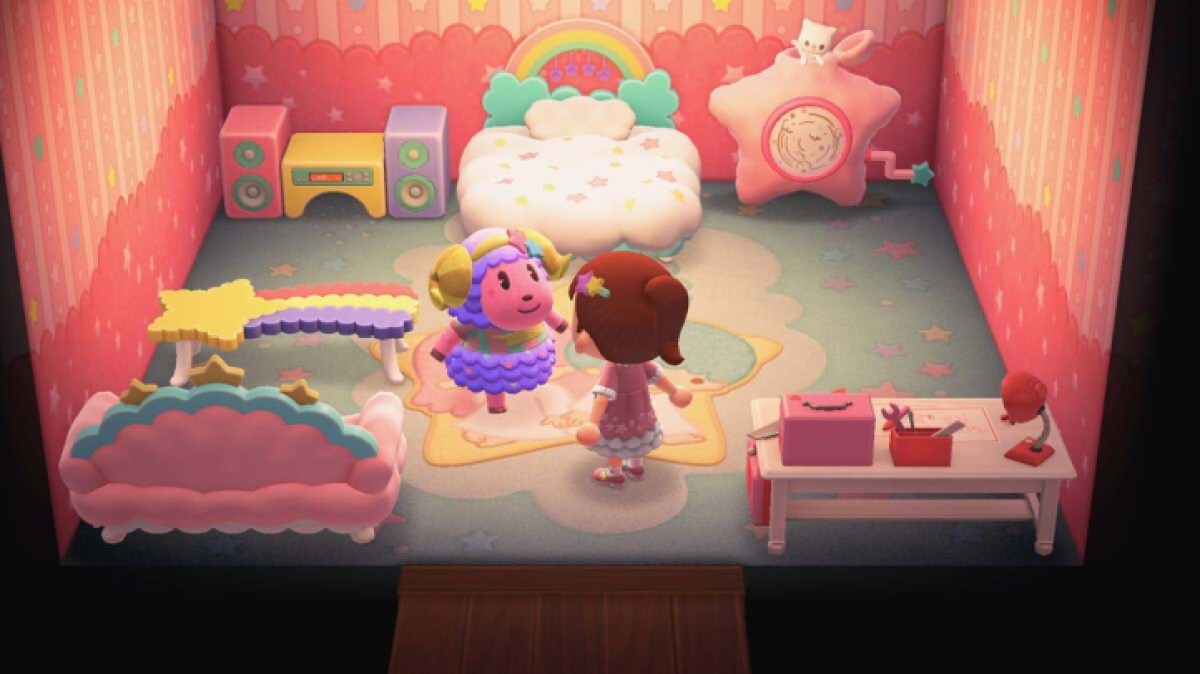 A screenshot of the video game Animal Crossing with what looks to be an almost direct replica of the Ikea trans pride couch