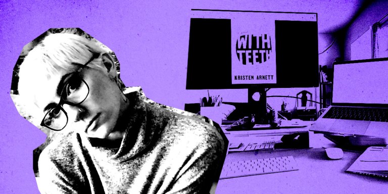 In black and white, laneia leans to the right. the background is purple and features laneia's desk setup
