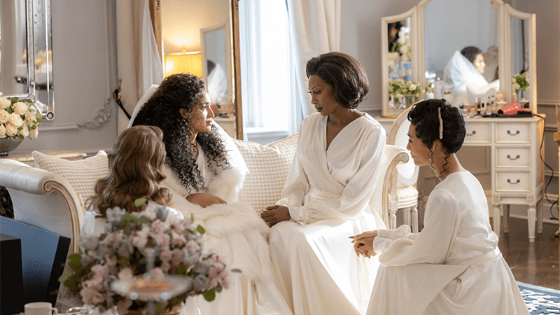 Indya Moore, Dominique Jackson, and MJ Rodriguez in wedding day outfits