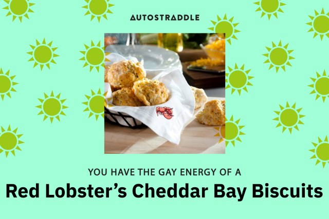 A quiz result image. It features red lobster cheddar bay biscuits and reads: "You have the gay energy of a Red Lobster's Cheddar Bay Biscuits"