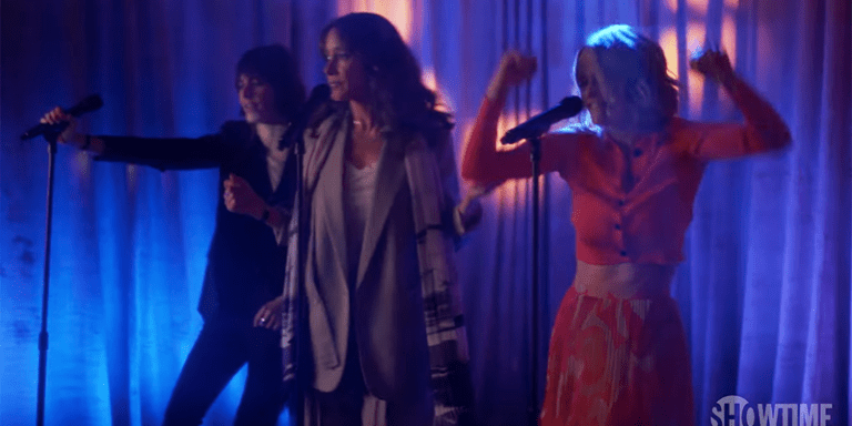 Shane, Alice, and Bette perform karaoke on stage during season two of The L Word: Generation Q