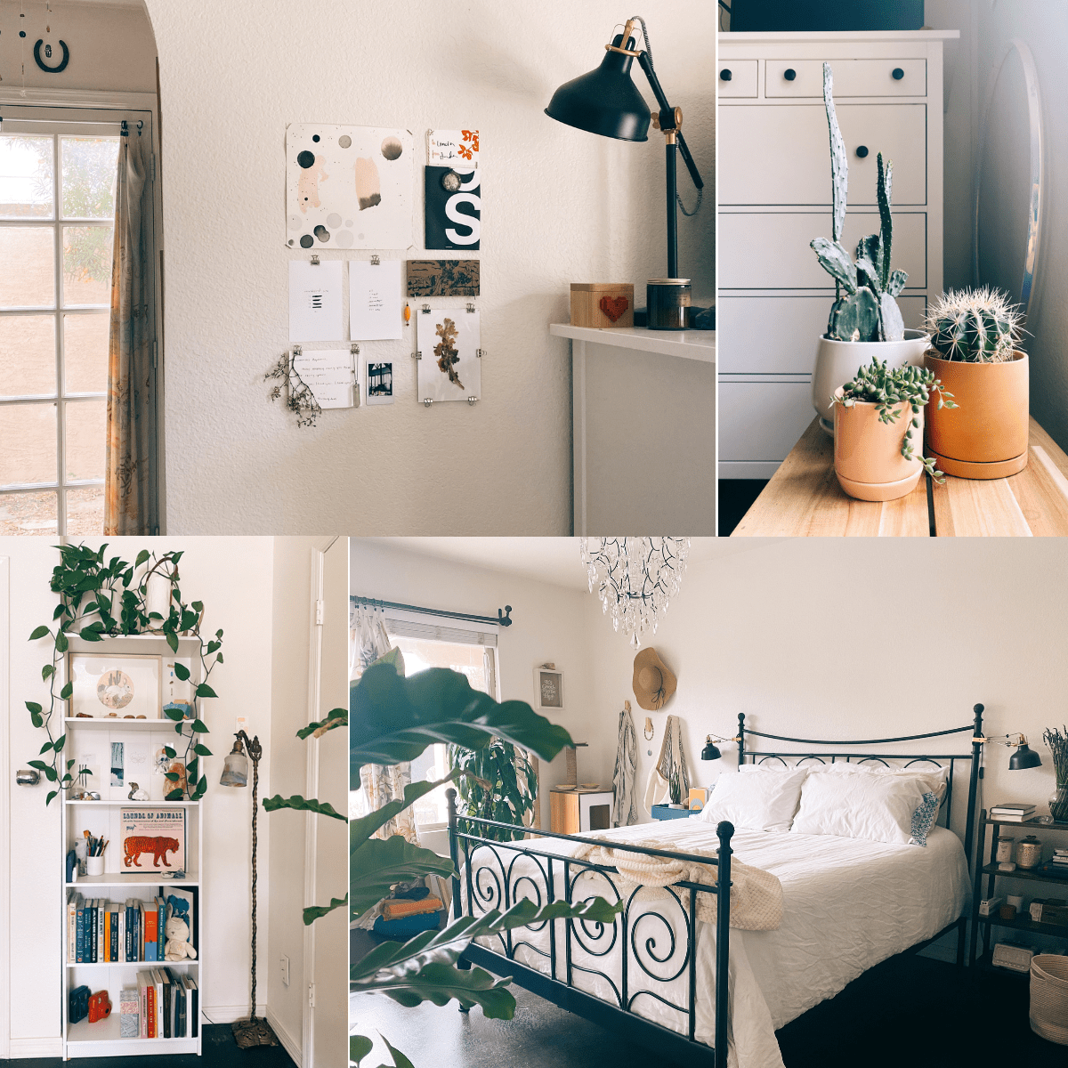 A collage of four panels showing a bedroom. One panel is a white bookcase with a vining plant on top. Another panel shows a black metal bed with white linens, more leafy plants, and a robe and hat hanging on the wall. A third panel shows some notes and art pinned to the wall near a black desk lamp. The final panel is a close shot of three small potted cacti on a wooden bench. The room is light and airy.