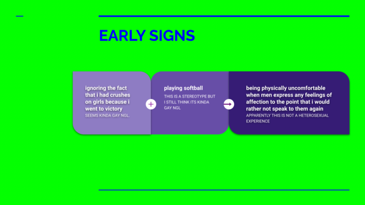 A chart against a green background outlines the early signs of being gay, including that the author ignored having crushes on girls because they went to Victory, an all girls Christian school.