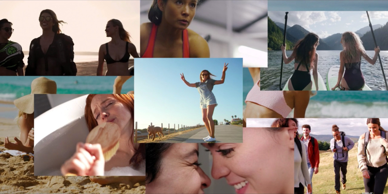 A stock photo collage of women: at the beach, skateboarding on a road, in a bath singing with a brush, two women who look like they're about to kiss, two women on kayaks, women hiking