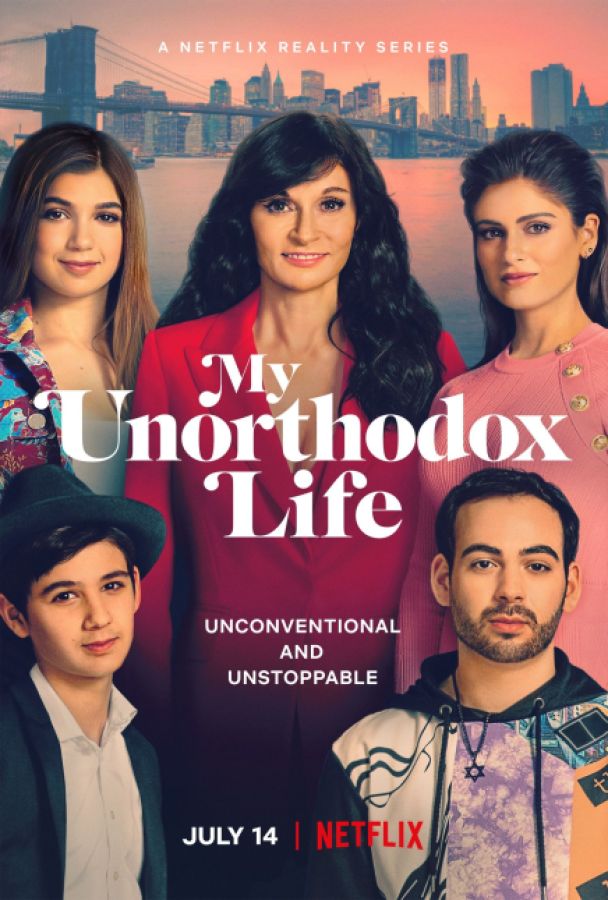 Image shows 5 caucasian people with the skyline of NYC behind them and text in the center that reads "my unorthodox life: unconventional and unstoppable"