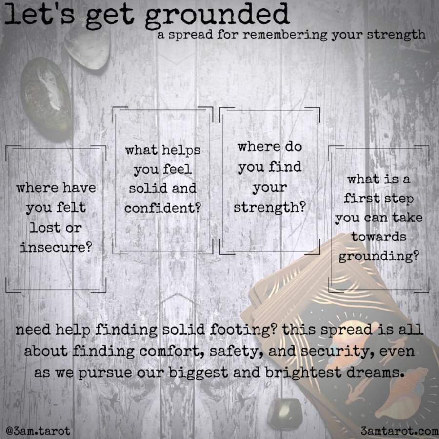 A tarot spread diagram for getting grounded and remembering your strength: four spots for four tarot cards, meaning of card positions reading left to right "Where have you felt lost or insecure?" "What helps you feel solid and confident?" "Where do you find your strength?" "What is a first step you can take toward grounding?" A caption below the spread reads "Need help finding solid footing? This spread is all about finding comfort, safety and security, even as we pursue our biggest and brightest dreams."