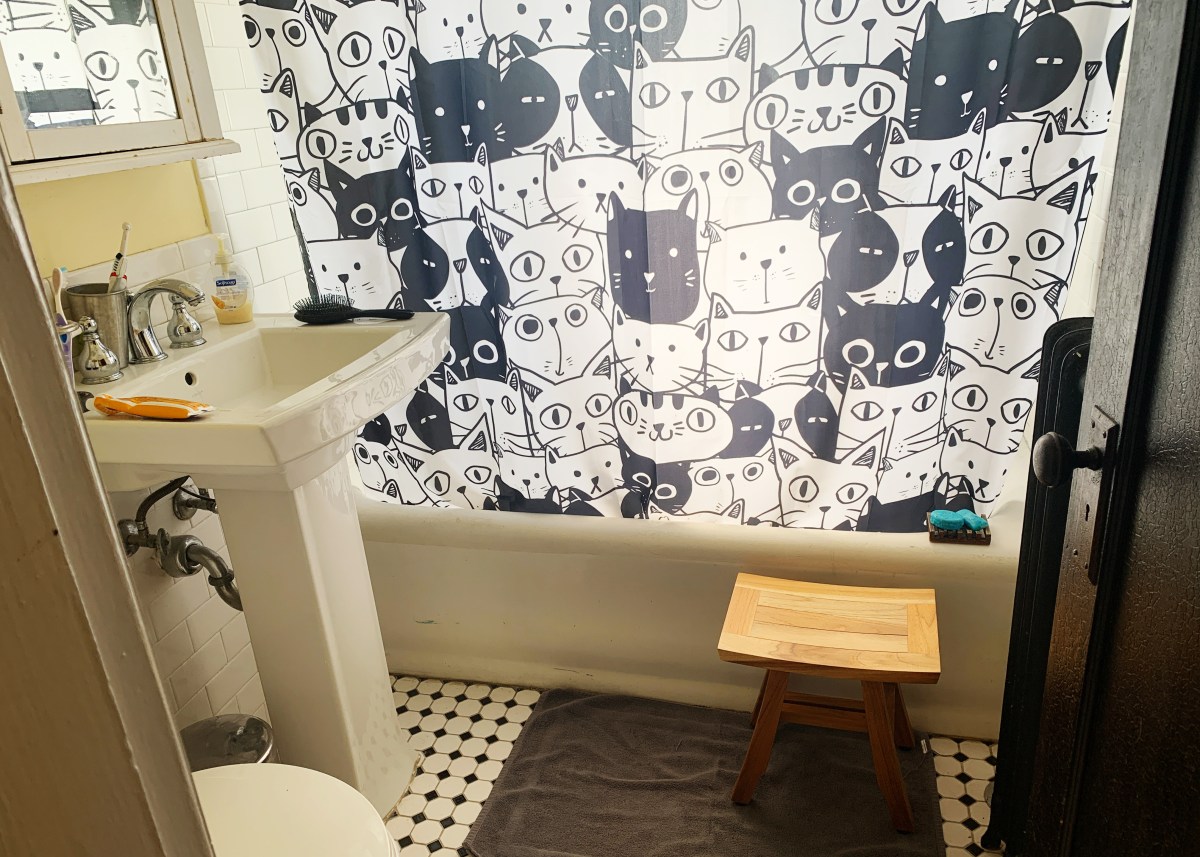 Bathroom with cat curtain pulled closed over bath tub and shower stool sitting next to the wall, sink and bath rug also visible.