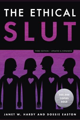 A black, white and purple book cover features four black images of bodies with purple hearts. The title reads, "The Ethical Slut."