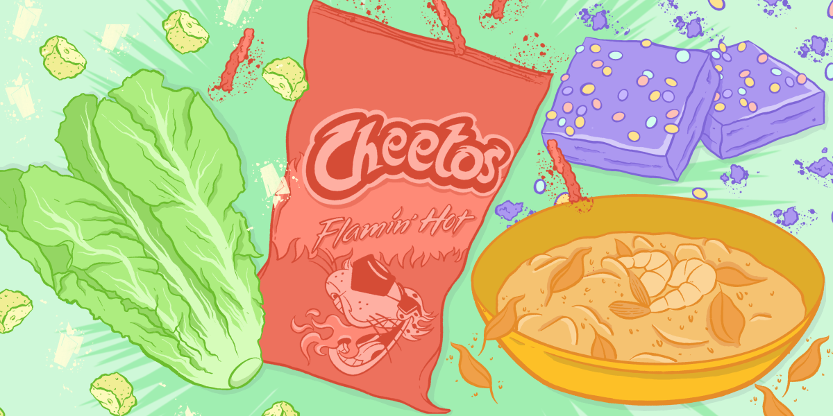 A colorful illustration of a head of romaine lettuce, bag of hot cheetos, bowl of hot food and ice cream bars