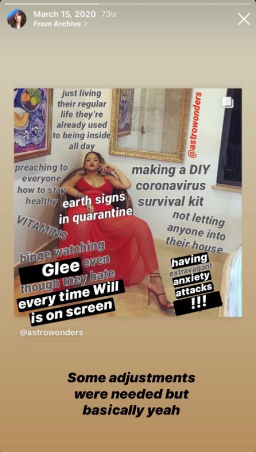 Meme from @astrowonders. Rihanna sits in a chair labeled "earth signs in quarantine" Words around her include "just living their regular life they're already used to be inside all day and preaching to everyone how to stay healthy. Drew has edited one to say having extravagant anxiety attacks!!!