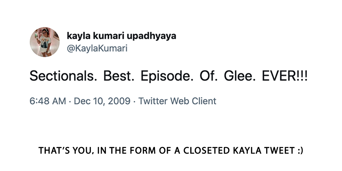 a tweet that says "sectionals. best. episode of. glee. ever!!!"