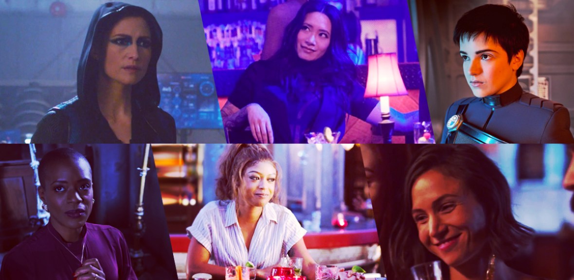 Stills of nominees for Outstanding LGBTQ+ Actor in a Sci-Fi/Fantasy Show: Chyler Leigh as Alex Danvers, Supergirl; Chantal Thuy as Grace Choi, Black Lightning; Blu del Barrio as Adira Tal, Star Trek: Discovery; T’Nia Miller as Hannah Grose, The Haunting of Bly Manor; Javicia Leslie as Ryan Wilder, Batwoman; Dominique Provost-Chalkley in Wynonna Earp