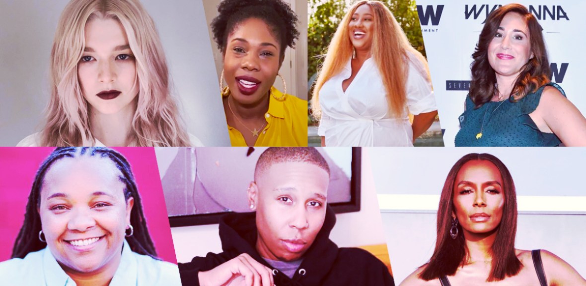 Stills of nominees for Outstanding LGBTQ+ Director / Writer  / Showrunner: Hunter Schafer, writer, Euphoria (“Fuck Anyone Who’s Not a Sea Blob”); Ashley Nicole Black and Lauren Ashley Smith, writers, A Black Lady Sketch Show; Emily Andras, showrunner, Wynonna Earp; Janet Mock, director, Pose ("Take Me to Church”); Lena Waithe, writer, Master of None Presents: Moments in Love; Tina Mabry, director, Pose ("The Trunk")