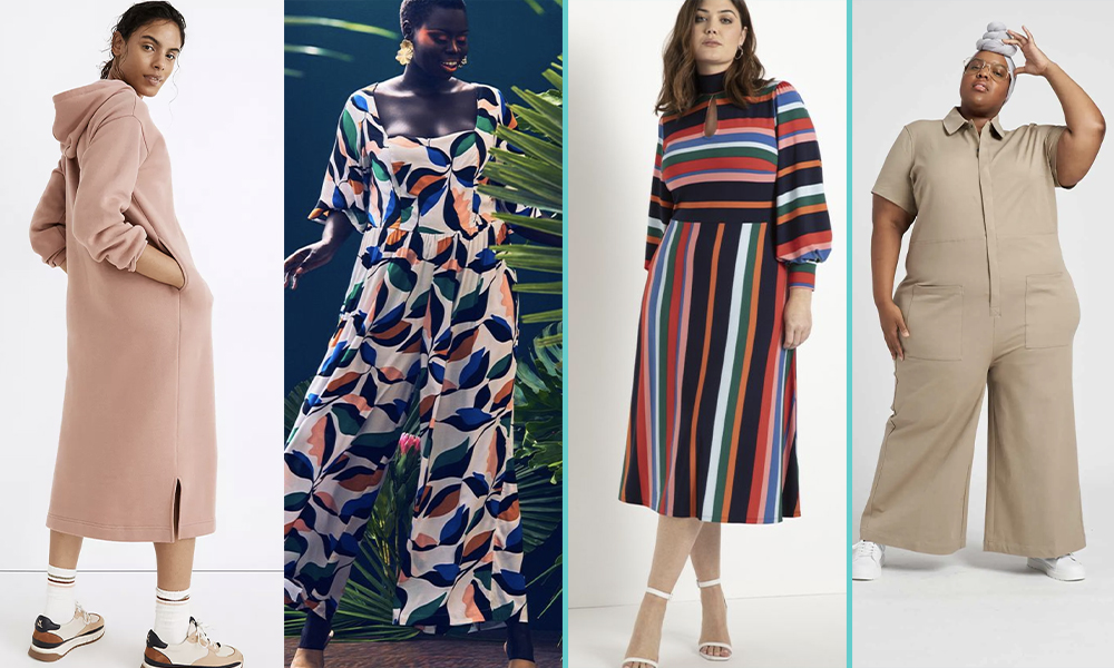 A collage of four people: a femme in a peach sweatsuit dress, a femme in a brightly patterned suit, a femme in a stripped dress, and a femme in a gender neutral taupe jumpsuit