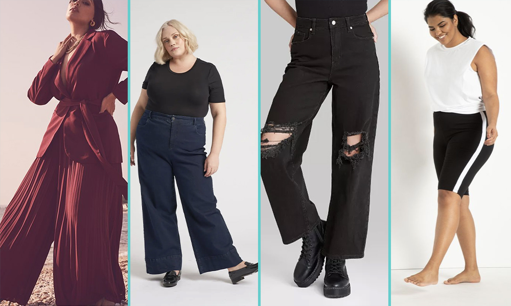 A femme in purple pleated wide leg pants, a femme in high waited baggy jeans in a dark wash, a pair of high rise jeans with holes at the knees, a femme in biker shorts with a white stripe down the sides