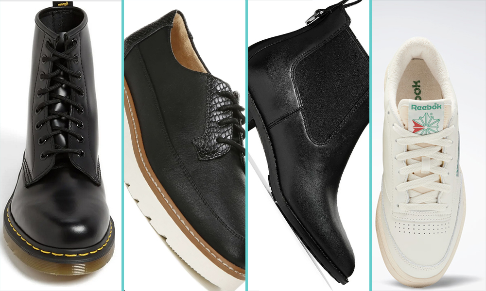 A close up of pair of Doc Martens, a close up of a loafer with thick cream soles, a Chelsea boot, a cream colored Rebook sneaker