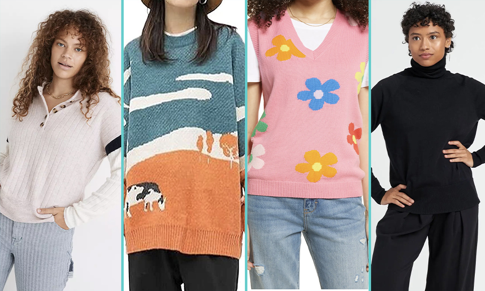 A femme in a cream Henley shirt-style sweater, a close up of a sweater with a pattern of a cow on a farm at sunset, a close up of a sweater vest that is pink with multi-colored daisies, a femme in a black turtleneck.