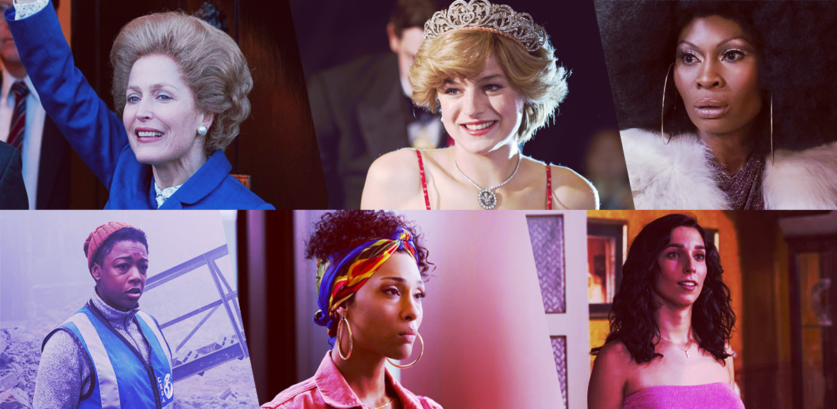 Stills of nominees for Outstanding Performance by an LGBTQ+ Actor in a Drama: Gillian Anderson as Margaret Thatcher, The Crown; Emma Corrin as Princess Diana, The Crown; Dominique Jackson as Elektra Abundance Evangelista Wintour, Pose; Samira Wiley as Moira Strand, The Handmaid’s Tale; Mj Rodriguez as Blanca Evangelista, Pose; Lola Rodriguez as Valeria Vegas, Veneno