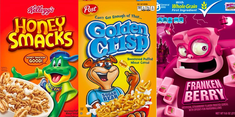 A collage of three cereals from this list: Honey Smacks frog, Golden Crisp bear, Frankenberry berry monster