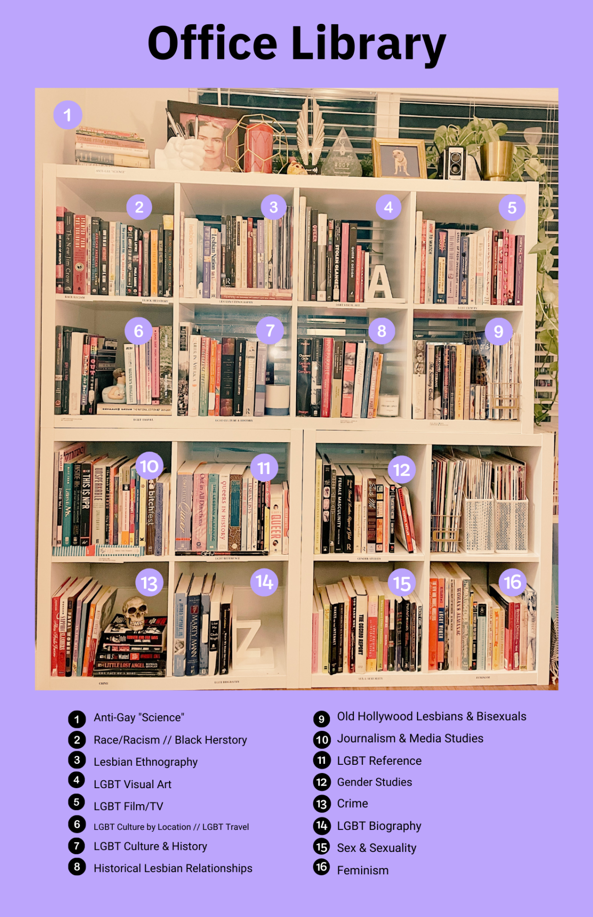 Office Library: Diagram of bookshelves with numbers on each shelf corresponding to a different topic: 1. Anti-Gay Science // 2. Race/Racism, Black Herstory // 3. Lesbian Ethnography // 4. LGBT Visual Art // 5. LGBT Film/TV // 6. LGBT Culture By Location, LGBT Travel // 7. LGBT Culture & History // 8. Historical Lesbian Relationships // 9. Old Hollywood Lesbians & Bisexuals // 10. Journalism & Media Studies // 11. LGBT Reference // 12. Gender Studies // 13. Crime // 14. LGBT Biography // 15. Sex & Sexuality // 16. Feminism