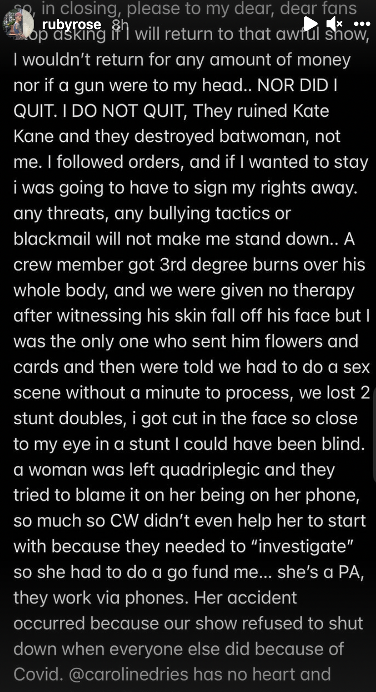 Screenshot of Ruby Rose's Instagram Live from a notes app as Rose describes their reasons for leaving Batwoman (full transcript can be found at: https://www.cbr.com/batwoman-ruby-rose-horrifying-set-conditions-slams-wbtv-berlanti/)