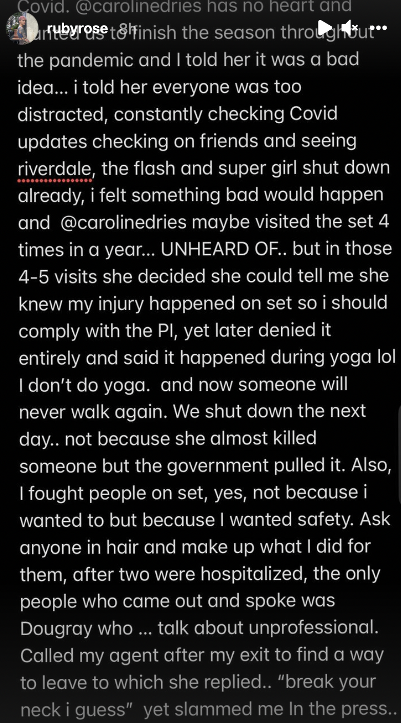 Screenshot of Ruby Rose's Instagram Live from a notes app as Rose describes their reasons for leaving Batwoman (full transcript can be found at: https://www.cbr.com/batwoman-ruby-rose-horrifying-set-conditions-slams-wbtv-berlanti/)