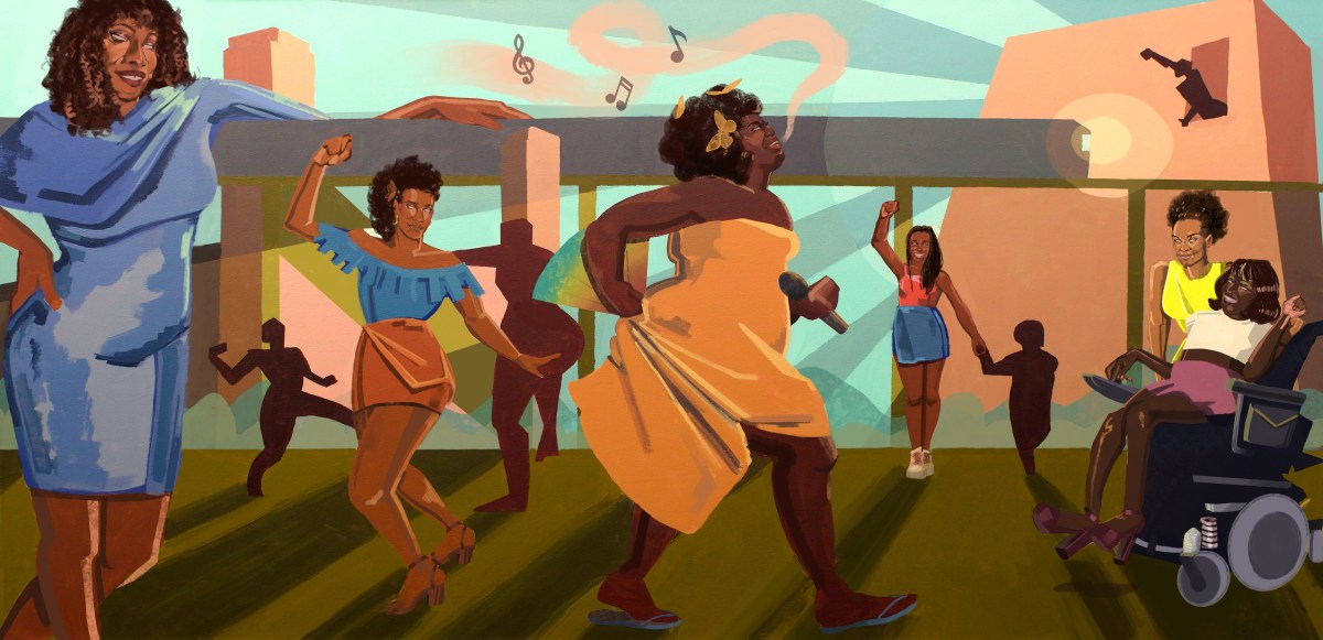 A mural of Black trans femmes joyously dancing and in celebration.