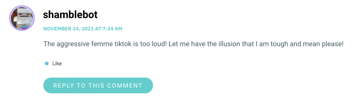 The aggressive femme tiktok is too loud! Let me have the illusion that I am tough and mean please!