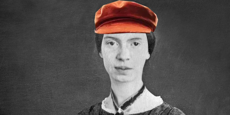 Emily Dickinson in a red newsboy cap