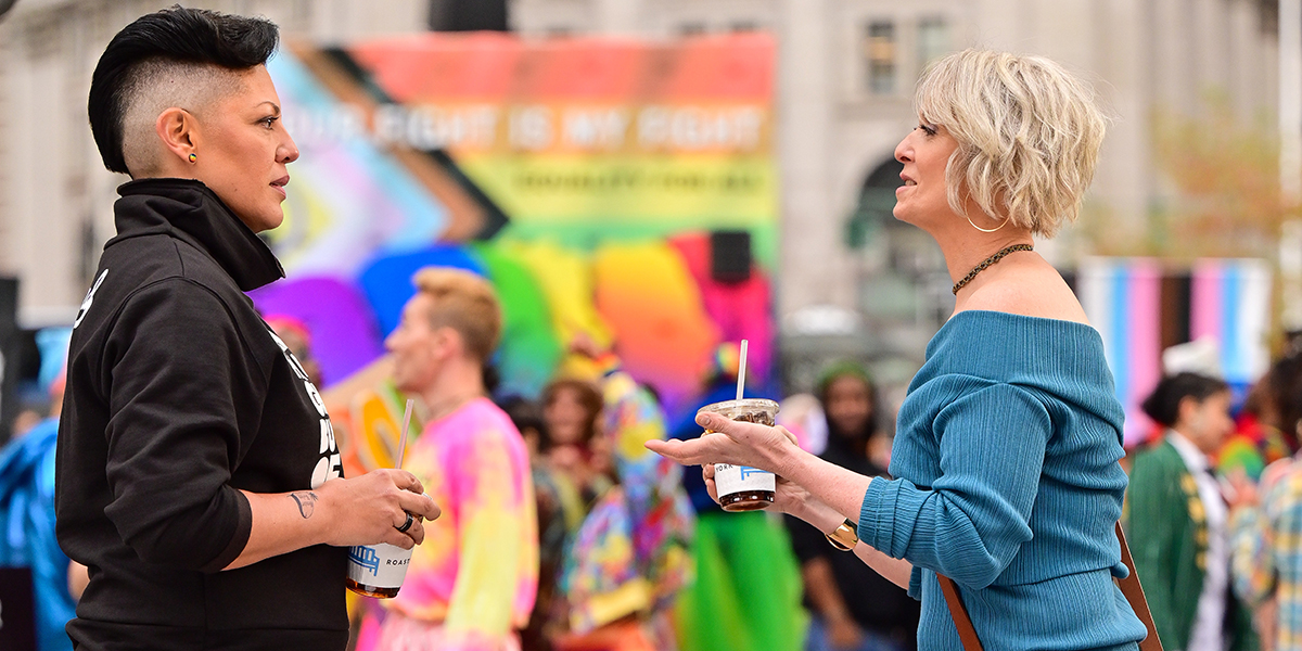 Sara Ramirez and Cynthia Nixon are seen on the set of "And Just Like That..." the follow up series to "Sex and the City" in Foley Square NYC