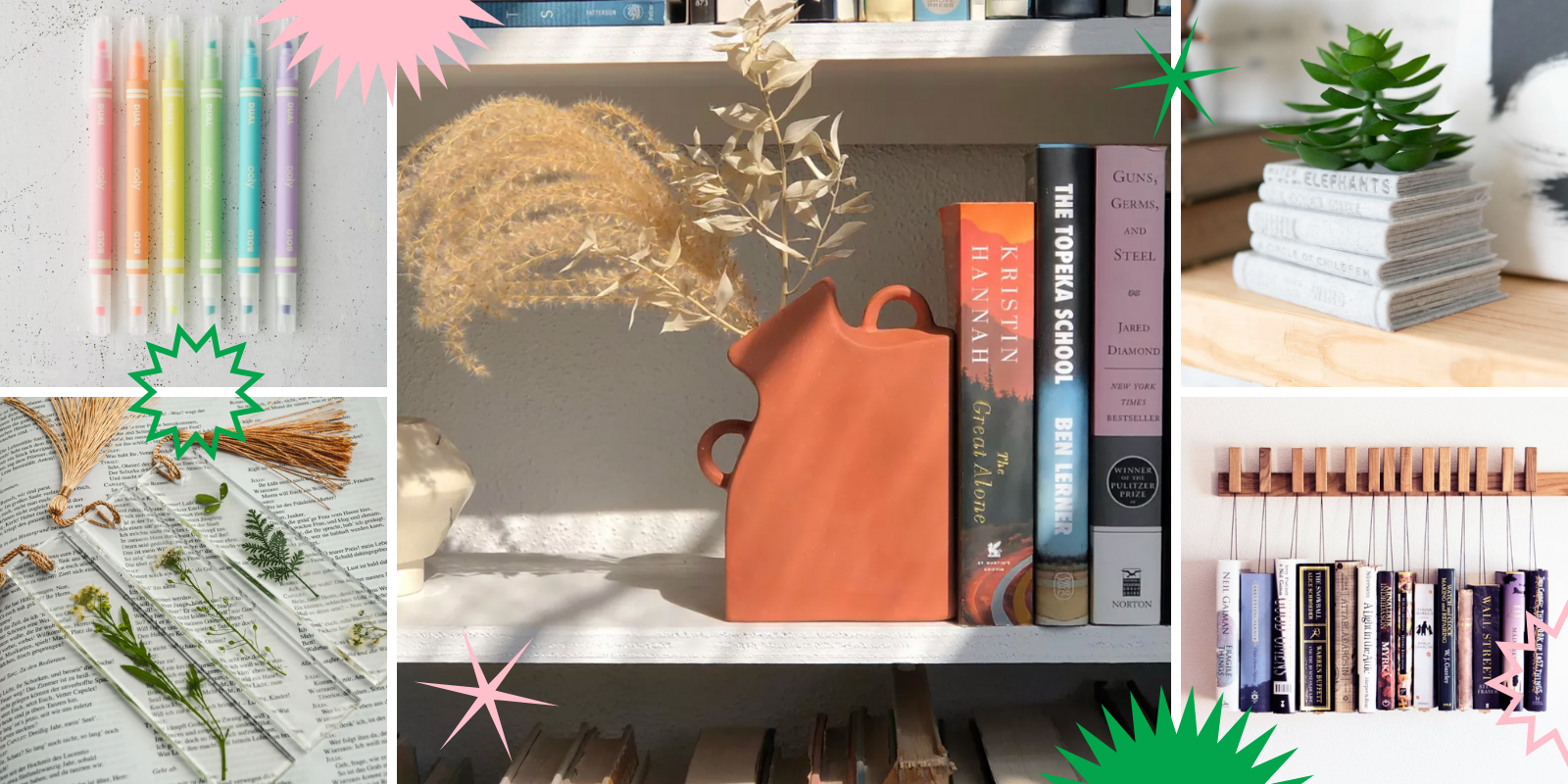 A collage including highlighters, a vase that's also a bookend, pressed flower bookmarks, a hanging bookshelf, and a planter shaped like books