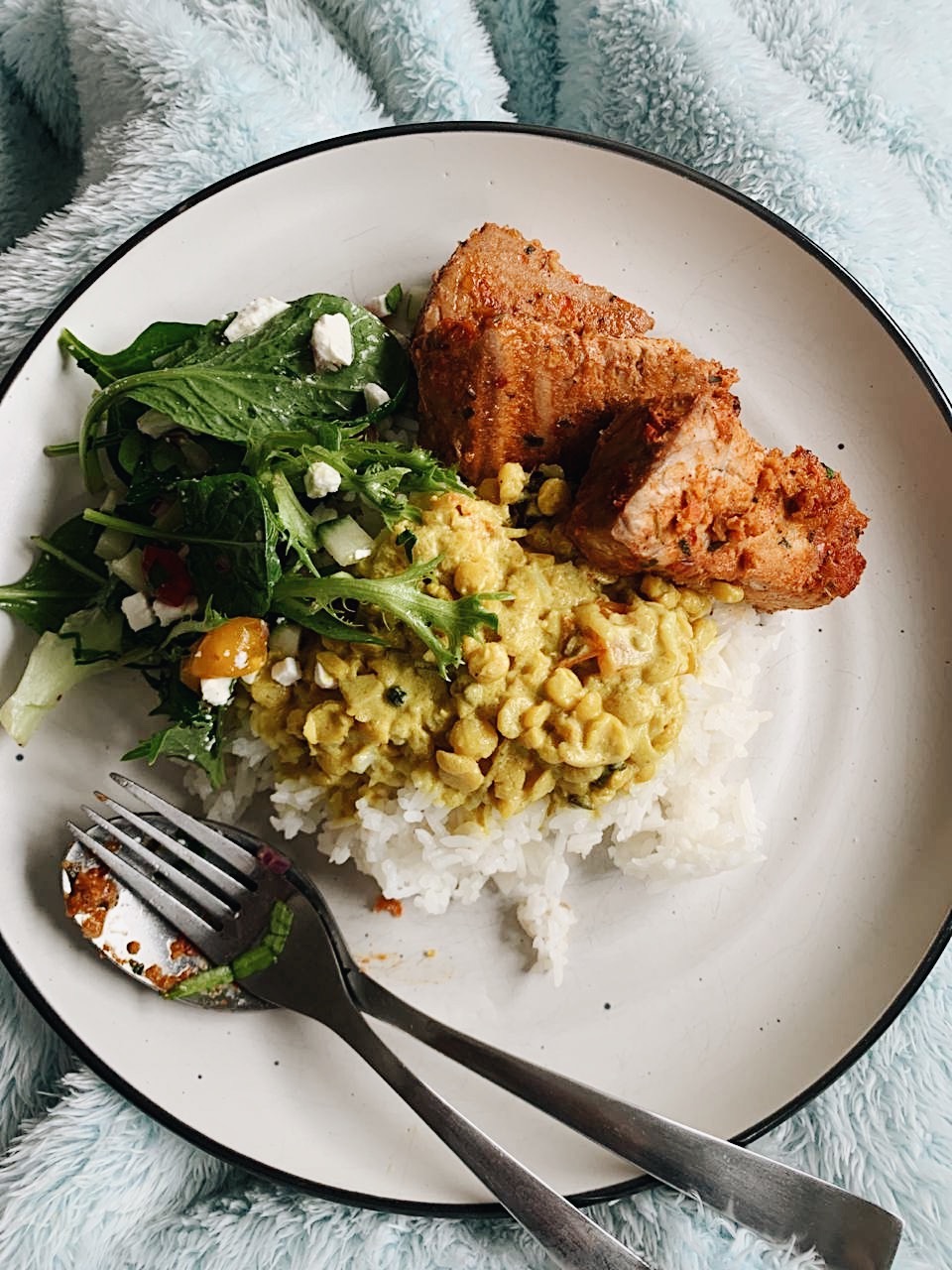 birds eye view of a plate of home cooked food contributed by the author