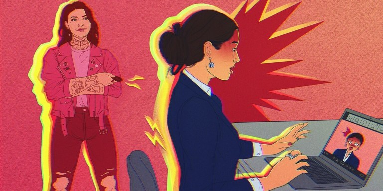Against a light red background, a drawn image shows a person with long brown hair tied in a bun and wearing a navy blue blazer sitting at a desk. Another person with with long brown hair and tattoos stands behind them wearing a moto jacket and holding a remote control.
