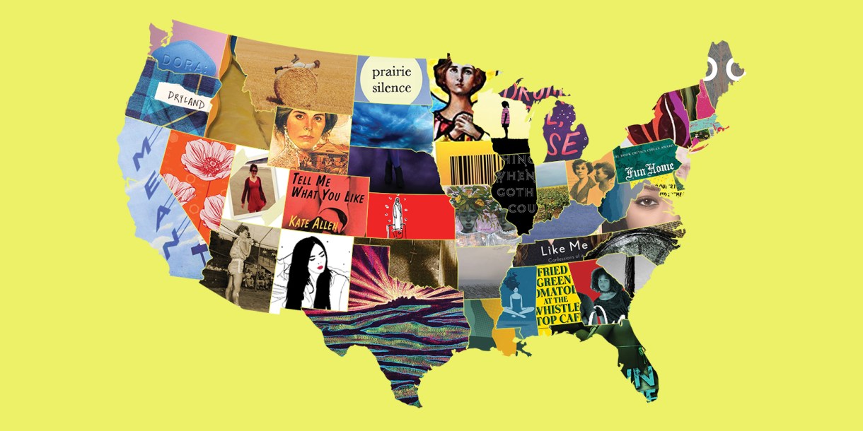 United states with books representing each state