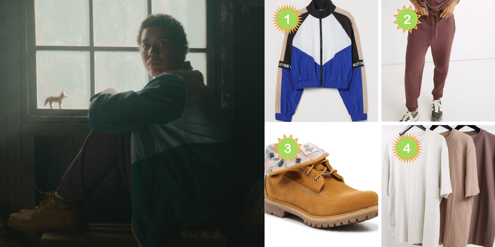 A collage featuring a photo of teen Taissa from Yellowjackets, a windbreaker, purple joggers, roll-top Timberlands, and a t-shirt multipack