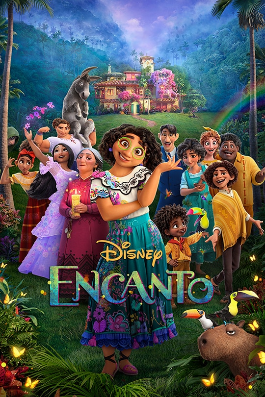 Encanto movie cover. The cover is colorful and clearly for a kids movie, depicting a whole Latinx extended family, and the main character, a younger girl, up front.