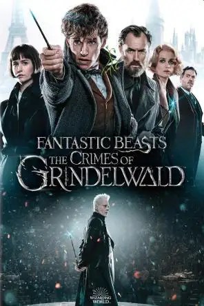 Fantastic Beasts movie cover. There are some white people, at least one of whom is a wizard because he has a wand, lined up on top. Below, a Karl Lagerfeld looking villain stalks across the cover.