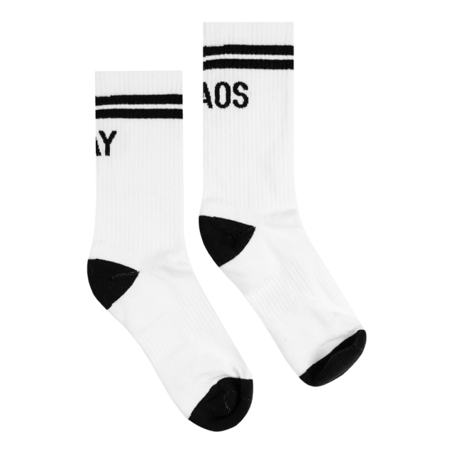 "Gay" and "Chaos" are printed on black and white tube socks