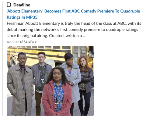 Headline says: Abbott Elementary Becomes First ABC Comedy Premiere To Quadruple Ratings in MP35. There a photo of the cast, including lead actor Quinta Brown in a fuzzy pink coat.