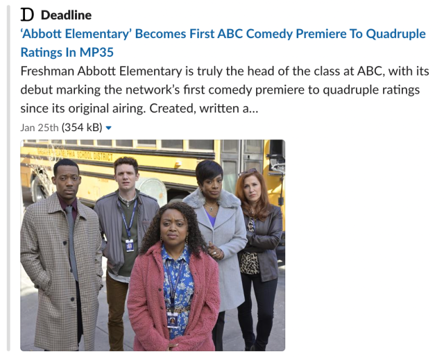 Headline says: Abbott Elementary Becomes First ABC Comedy Premiere To Quadruple Ratings in MP35. There a photo of the cast, including lead actor Quinta Brown in a fuzzy pink coat.