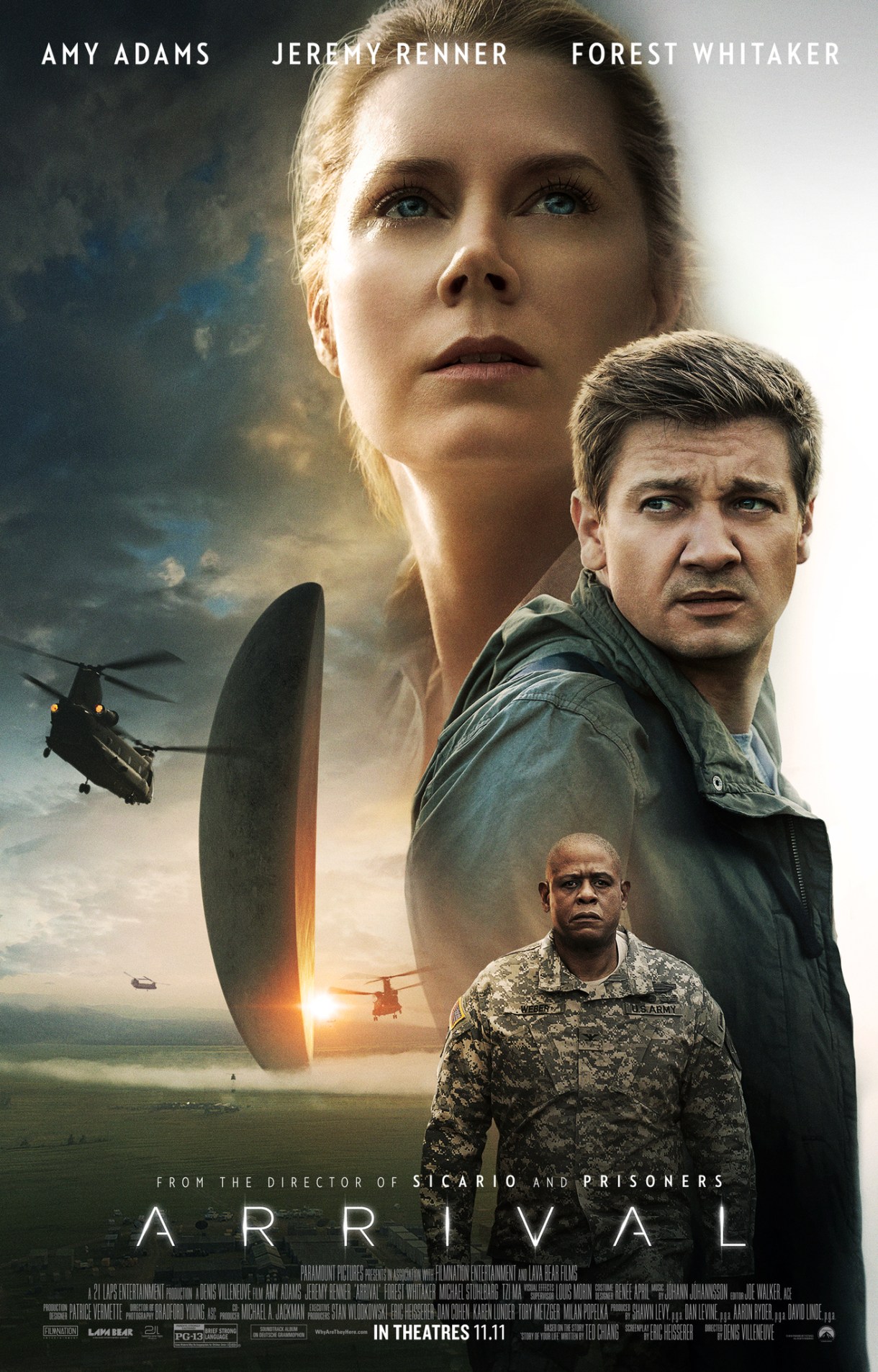 Arrival movie cover. Features Amy Adams, some actors, and a giant alien ship in the background.